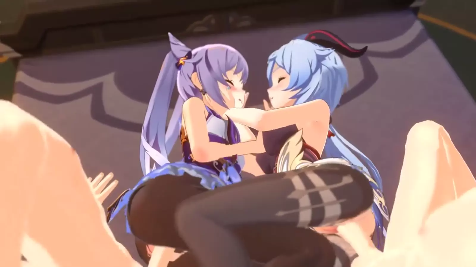 Two anime sisters in a passionate embrace